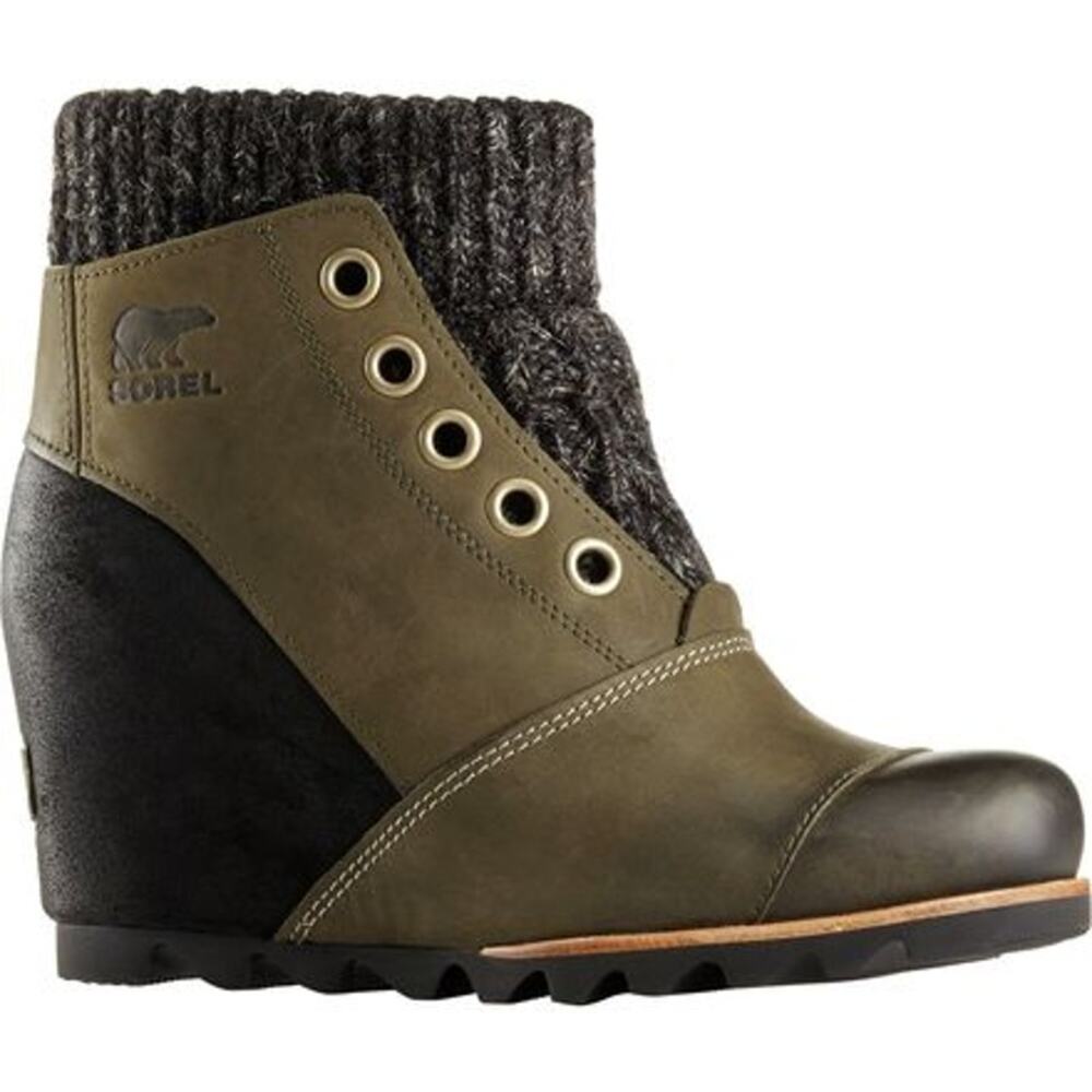Sorel Joanie Sweater Wedge Boots Slip On Waterproof Snow Leather Tan Black 8.5